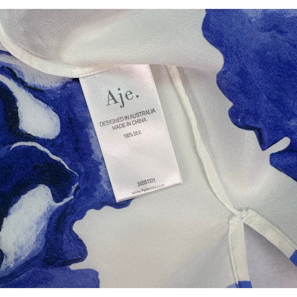 NWOT Aje Atomic 100% Silk Shirt Boldly Blooming Cobalt Floral Blouse Size 8 - Picture 9 of 15